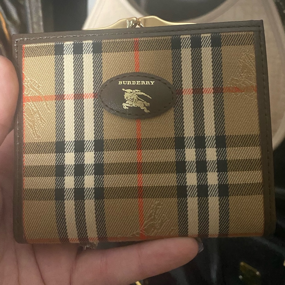 Burberry Beige Tan Check Fold Wallet with Black and Red Accents